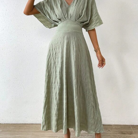 Mint Green Casual Women's Solid Batwing Sleeve A-line Dress - Picture 4 of 5